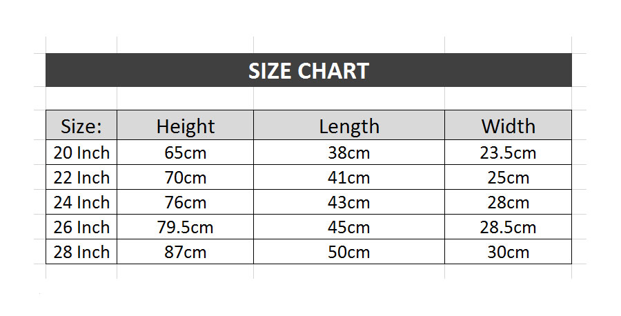 Trolley Bags Size Chart